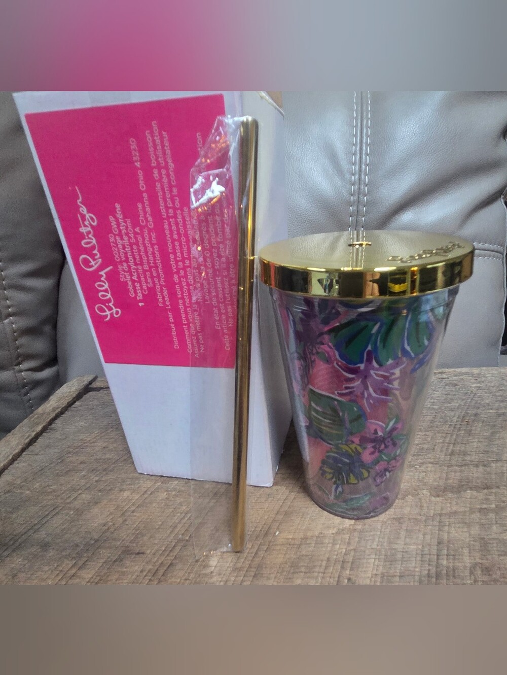 NIB Lilly Pulitzer Pink Floral Gold-Accent Travel Tumbler ~ BIN SS